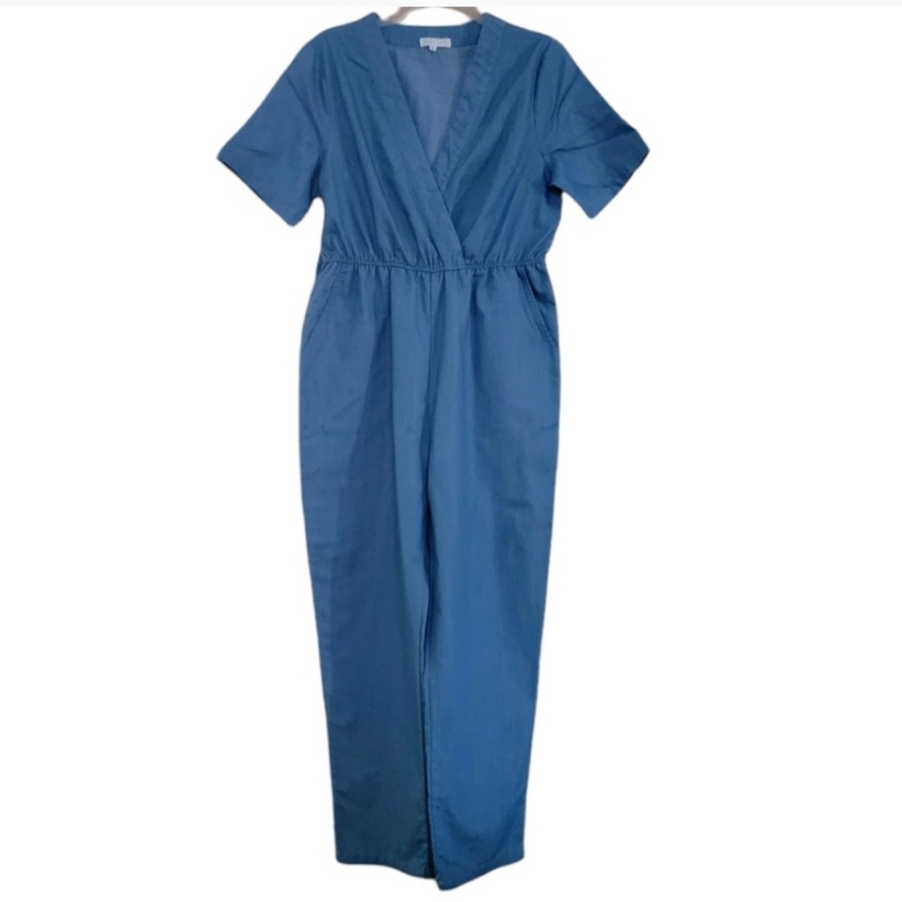 EMORY PARK chambray Jean like Short Sleeve Pant Romper Large